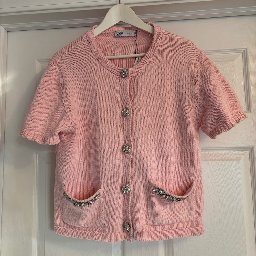 NWT Zara Women’s Pink Short Sleeve Jeweled Sweater Size XL